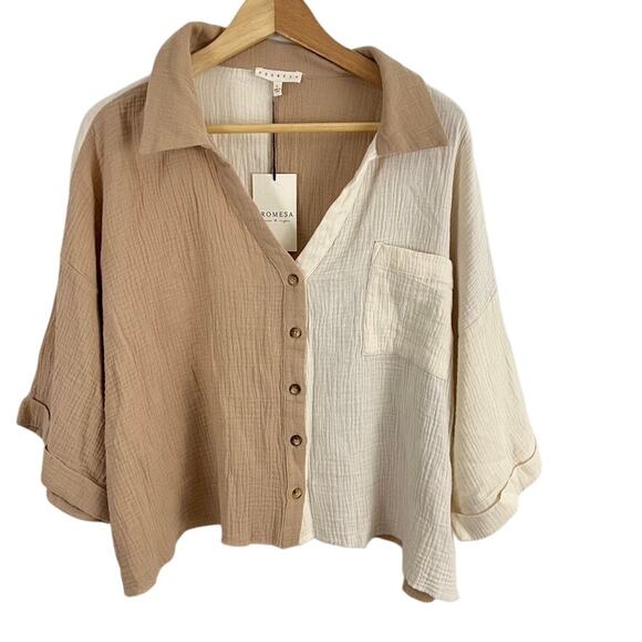 Promesa Gauze Shorts Sleeve Button Front Top Oversized Women Large NEW - Picture 1 of 8